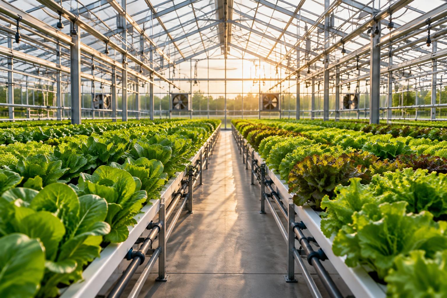 Rows of crops inside a sunlit smart greenhouse